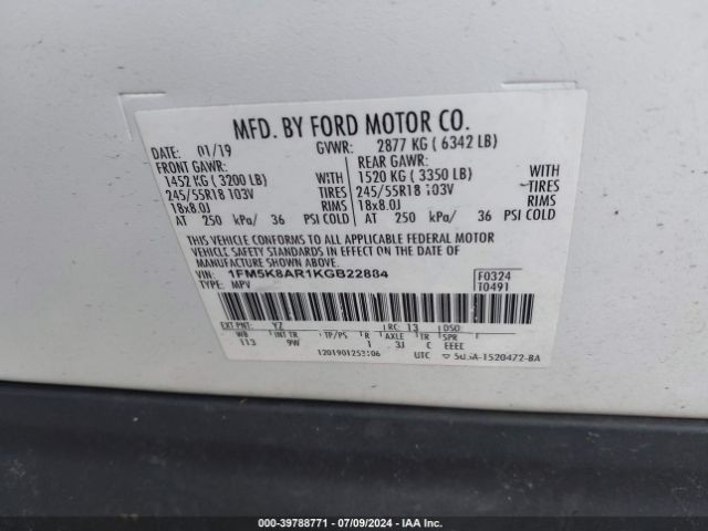 1FM5K8AR1KGB22884 Ford Police Interceptor Utility