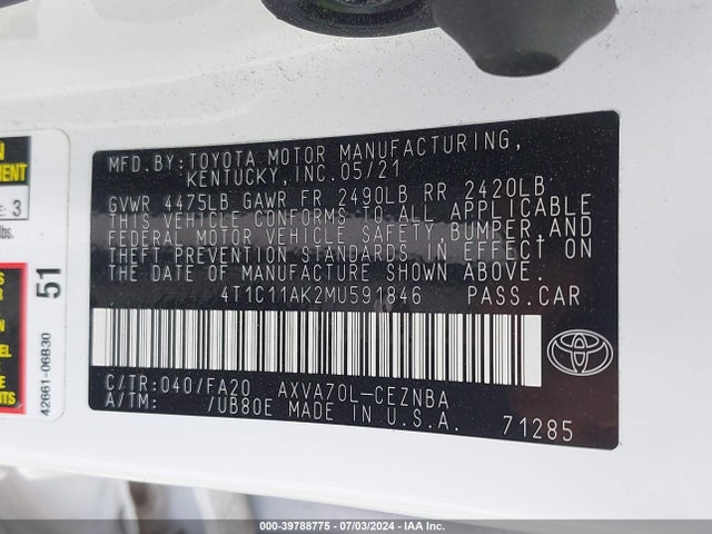 Toyota CAMRY LE 2021 4T1C11AK2MU591846 Image 9