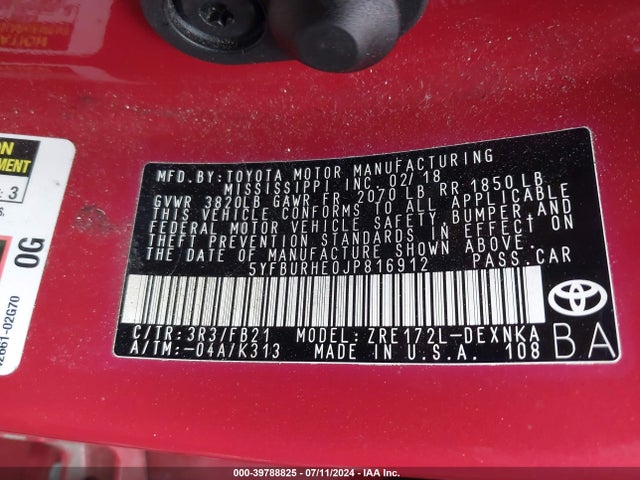 Toyota COROLLA LE 2018 5YFBURHE0JP816912 Image 9