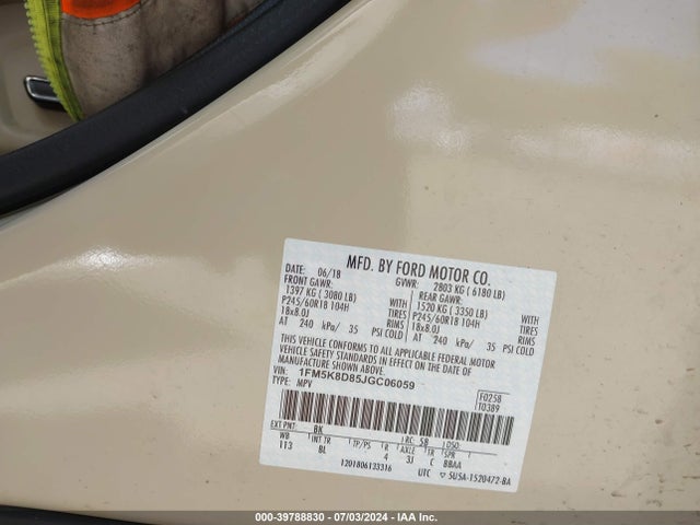 Ford EXPLORER XLT 2018 1FM5K8D85JGC06059 Image 9