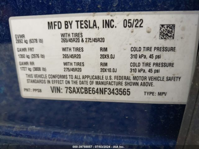 7SAXCBE64NF343565 Tesla Model X Plaid Tri Motor All-wheel Drive