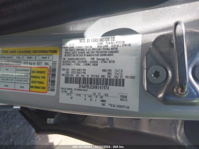 3FA6P0LU3HR141974 Ford Fusion Hybrid Se