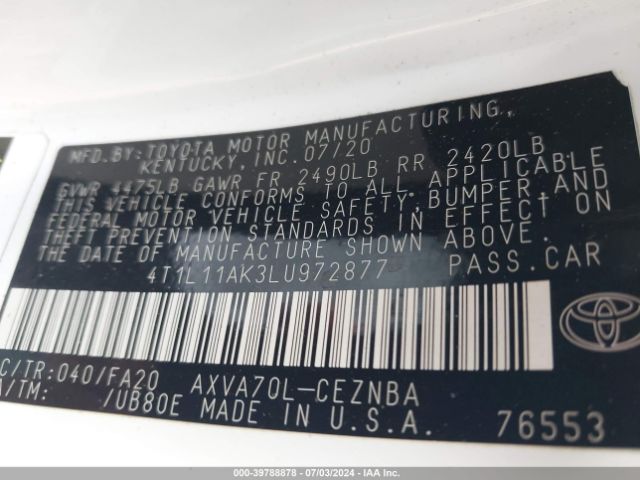 4T1L11AK3LU972877 Toyota CAMRY LE