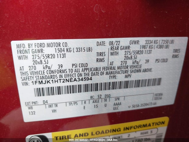 Ford Expedition Xlt Max 2022 1FMJK1HT2NEA34594 Image 9