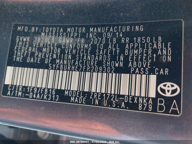 Toyota Corolla Le Plus 2015 5YFBURHE7FP209302 Image 9