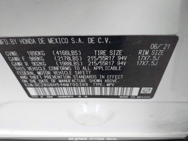 3CZRU6H54NM700388 Honda Hr-v Awd Ex