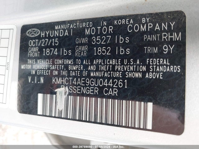 39789080 :رقم المزاد ، KMHCT4AE9GU044261 vin ، 2016 Hyundai Accent Se مزاد بيع