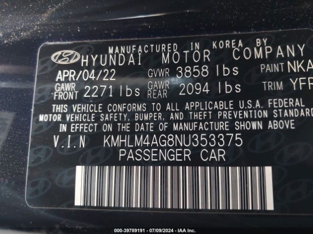 KMHLM4AG8NU353375 Hyundai ELANTRA SEL