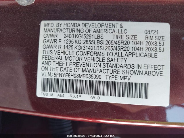 Honda Passport Awd Elite 2021 5FNYF8H08MB035090 Image 9