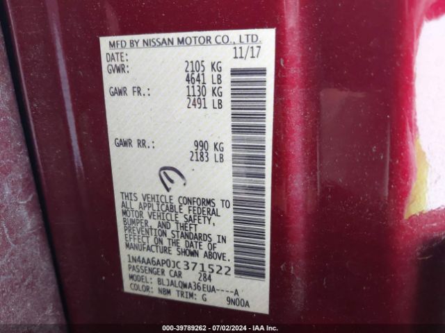 1N4AA6AP0JC371522 Nissan Maxima 3.5 S