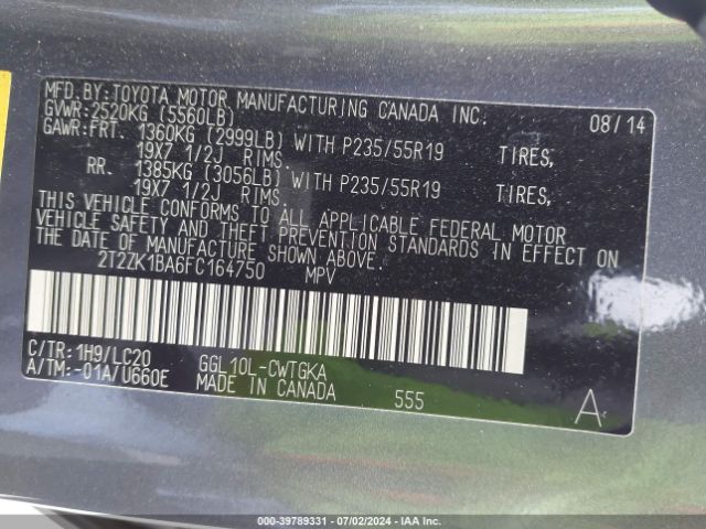 2T2ZK1BA6FC164750 Lexus RX 350