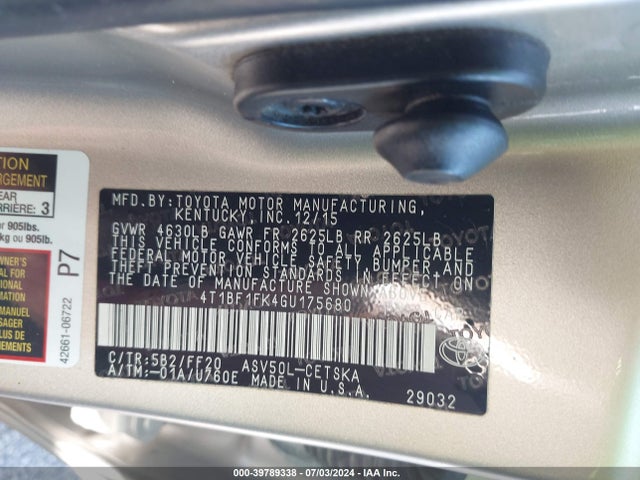 Toyota CAMRY SE 2016 4T1BF1FK4GU175680 Image 9
