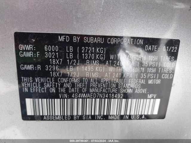 4S4WMAED7N3418492 Subaru Ascent Premium