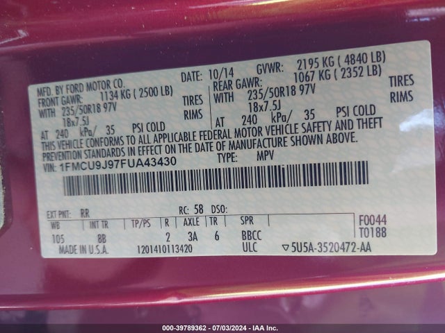 Ford Escape Titanium 2015 1FMCU9J97FUA43430 Image 9