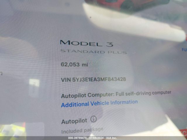 5YJ3E1EA3MF843428 Tesla Model 3 Standard Range Plus Rear-wheel Drive