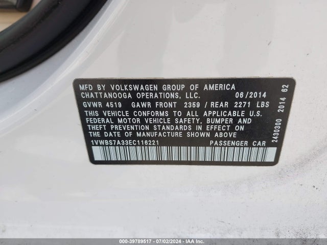 1VWBS7A33EC116221 Volkswagen Passat 1.8t Se