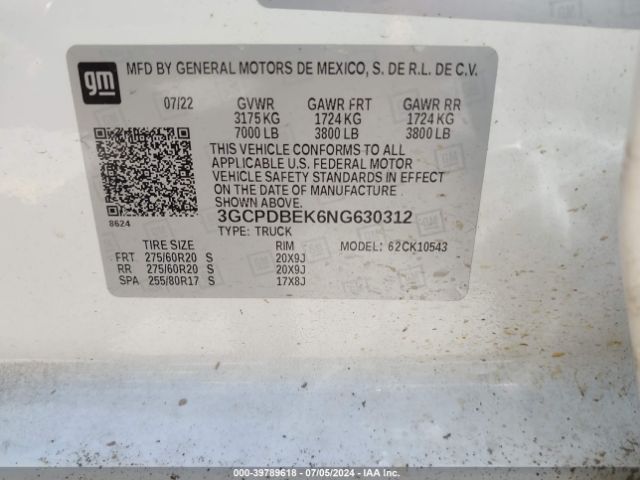 3GCPDBEK6NG630312 Chevrolet Silverado 1500 Custom