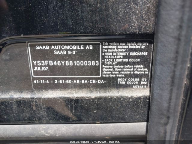 2008 SAAB 9-3 YS3FB46Y881000383 Photo 8