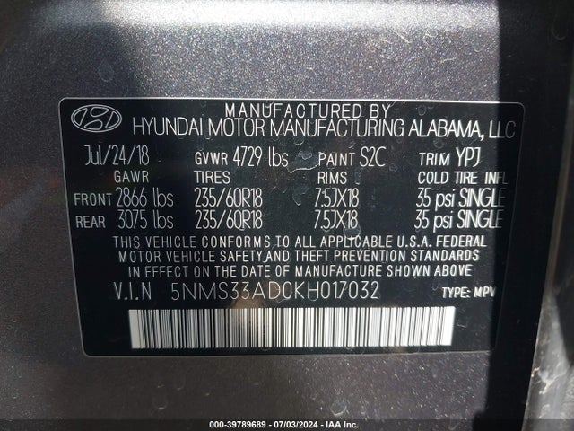 5NMS33AD0KH017032 Hyundai Santa Fe Sel Plus