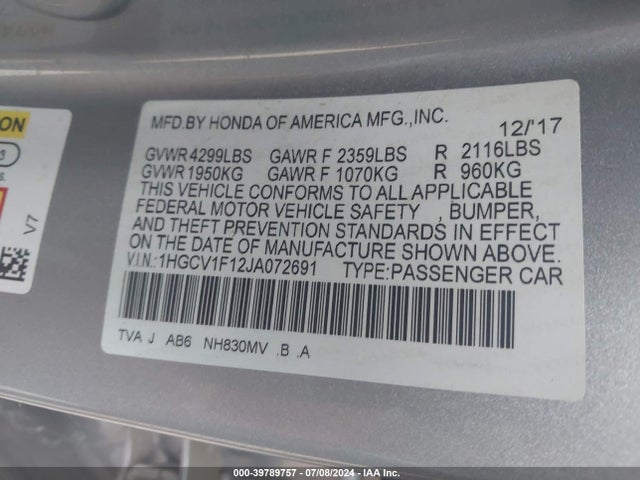 Honda ACCORD LX 2018 1HGCV1F12JA072691 Image 9