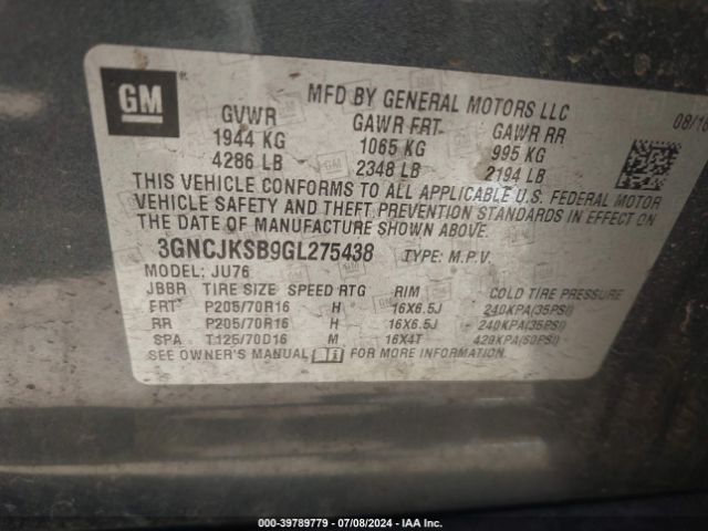 3GNCJKSB9GL275438 Chevrolet Trax 1ls