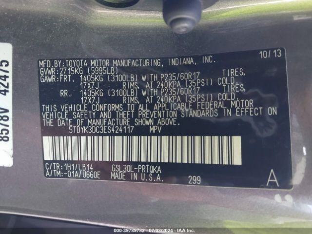5TDYK3DC3ES424117 Toyota Sienna Xle V6 8 Passenger