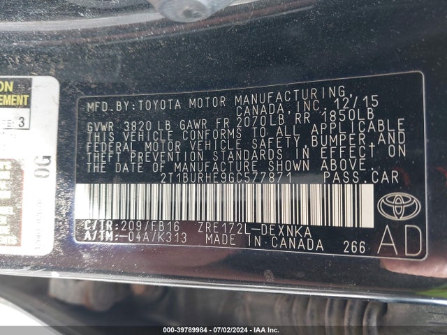 Toyota COROLLA LE 2016 2T1BURHE9GC577871 Image 9