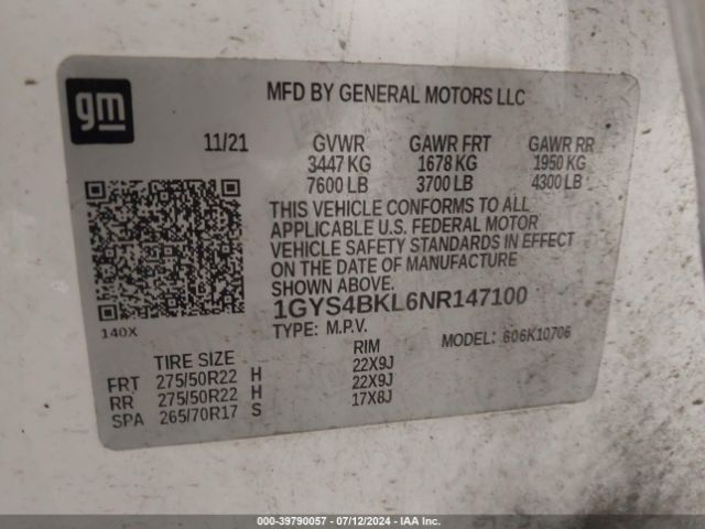 1GYS4BKL6NR147100 Cadillac Escalade 4wd Premium Luxury