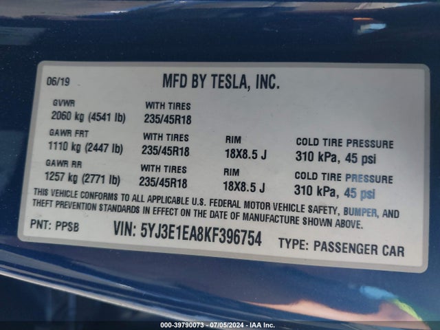 Tesla Model 3 Long Range/mid Range/standard Range/standard Range Plus 2019 5YJ3E1EA8KF396754 Image 9