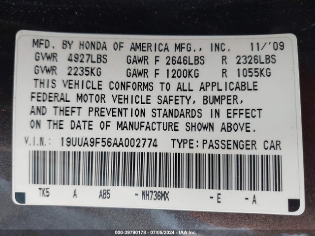 2010 Acura Tl 3.7 მანქანა იყიდება აუქციონზე, vin: 19UUA9F56AA002774, აუქციონის ნომერი: 39790178