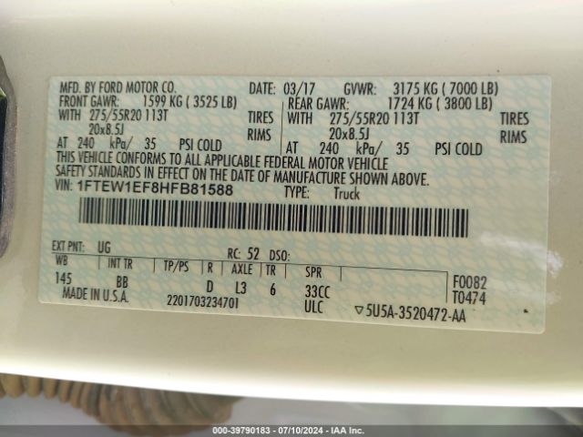 1FTEW1EF8HFB81588 Ford F-150 Platinum