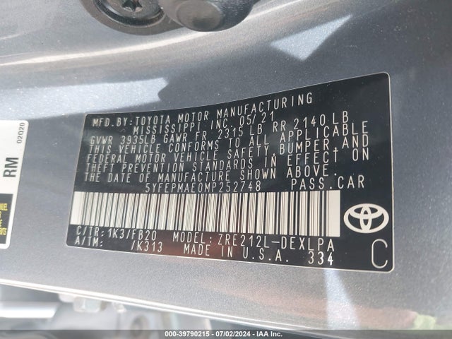 Toyota COROLLA LE 2021 5YFEPMAE0MP252748 Image 9