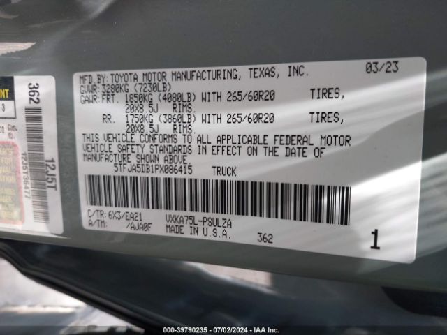 5TFJA5DB1PX086415 Toyota Tundra Limited