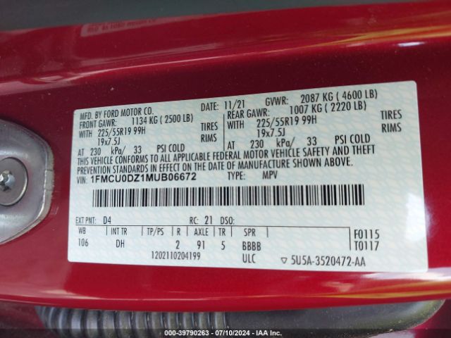 1FMCU0DZ1MUB06672 Ford Escape
