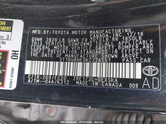 Toyota COROLLA SE 2019 2T1BURHE0KC226551 Image 9