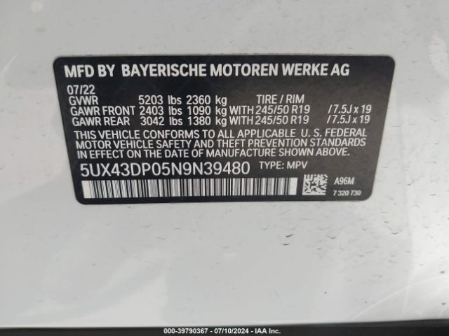 5UX43DP05N9N39480 BMW X3 Sdrive30i