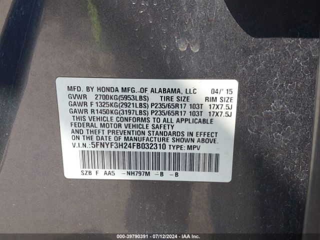 5FNYF3H24FB032310 Honda PILOT LX
