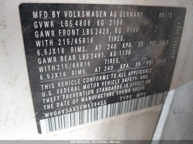 WVGAV3AX2EW539433 Volkswagen TIGUAN S