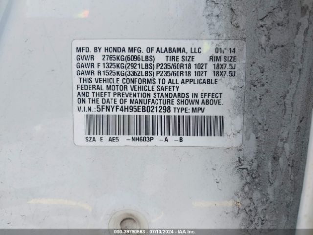 5FNYF4H95EB021298 Honda Pilot Touring