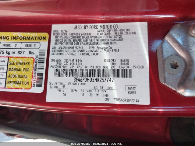 Ford FUSION SE 2017 3FA6P0HD5HR257749 Image 9