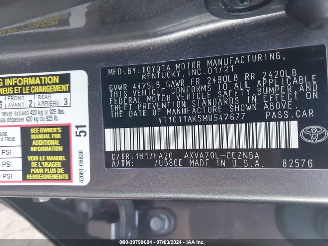 Toyota CAMRY LE 2021 4T1C11AK5MU547677 Image 9