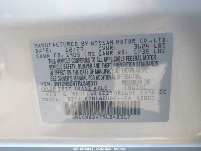 3N1CN8DV7RL848317 Nissan Versa 1.6 S