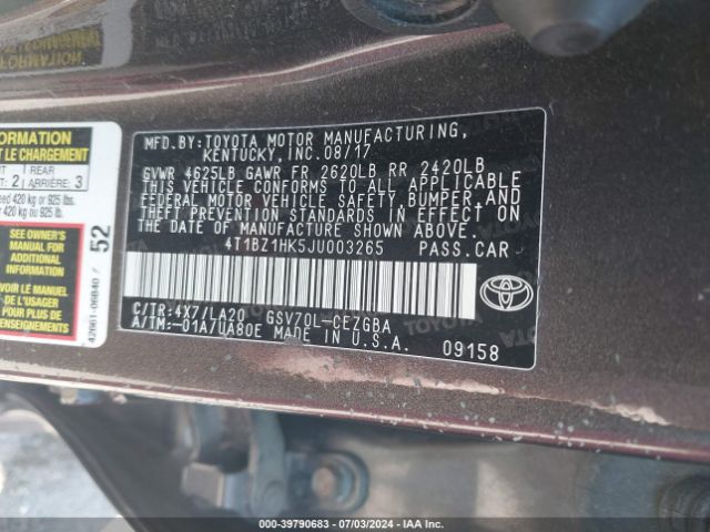 4T1BZ1HK5JU003265 Toyota Camry Xle V6