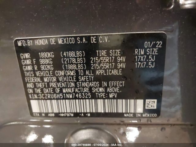 3CZRU6H51NM746325 Honda Hr-v Awd Ex