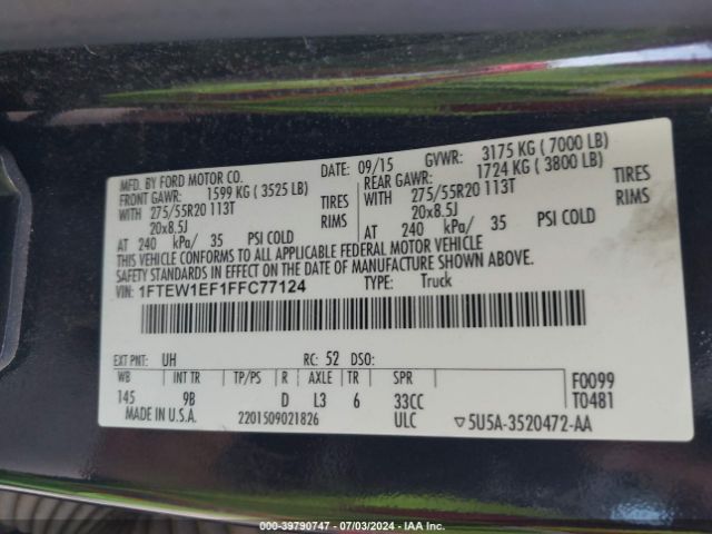 1FTEW1EF1FFC77124 Ford F-150 Platinum