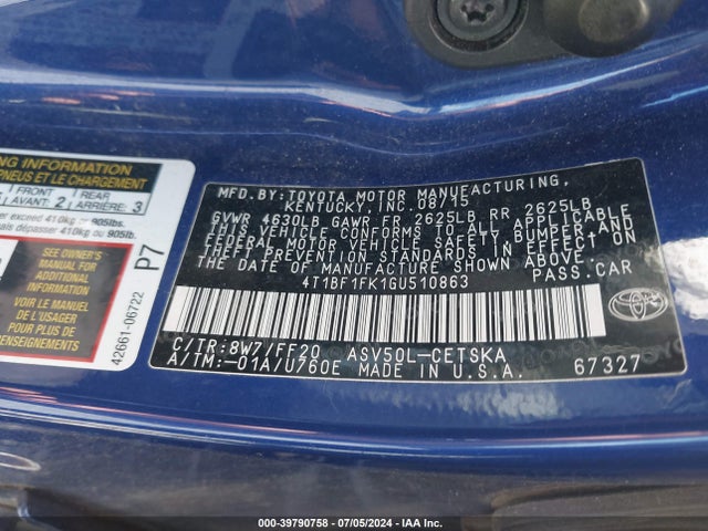Toyota CAMRY SE 2016 4T1BF1FK1GU510863 Image 9