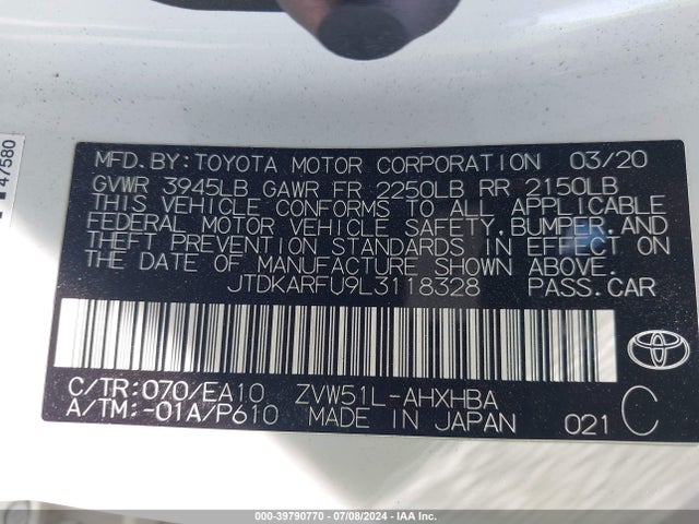 Toyota PRIUS XLE 2020 JTDKARFU9L3118328 Image 9