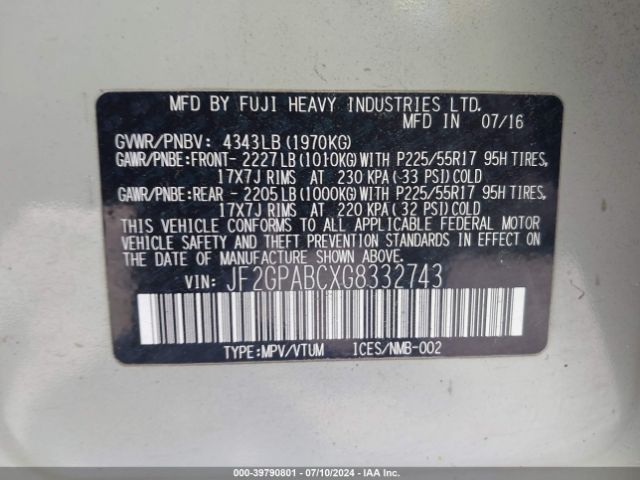JF2GPABCXG8332743 Subaru Crosstrek 2.0i Premium