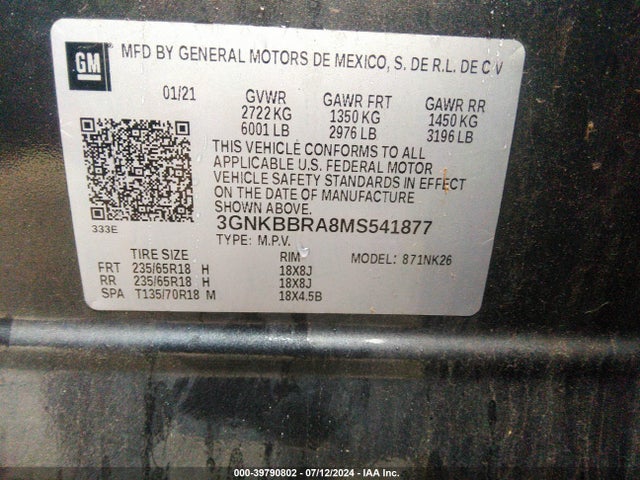 3GNKBBRA8MS541877 Chevrolet Blazer Fwd 1lt