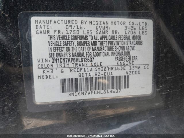 3N1CN7AP6HL813637 Nissan Versa 1.6 S/1.6 S+/1.6 Sl/1.6 Sv